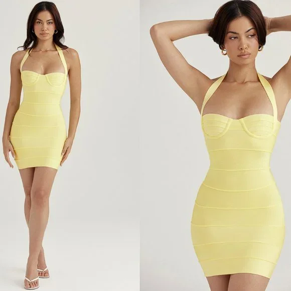 HOUSE OF CB 'Maliha' Buttercup Bandage Halter Mini Dress NWOT